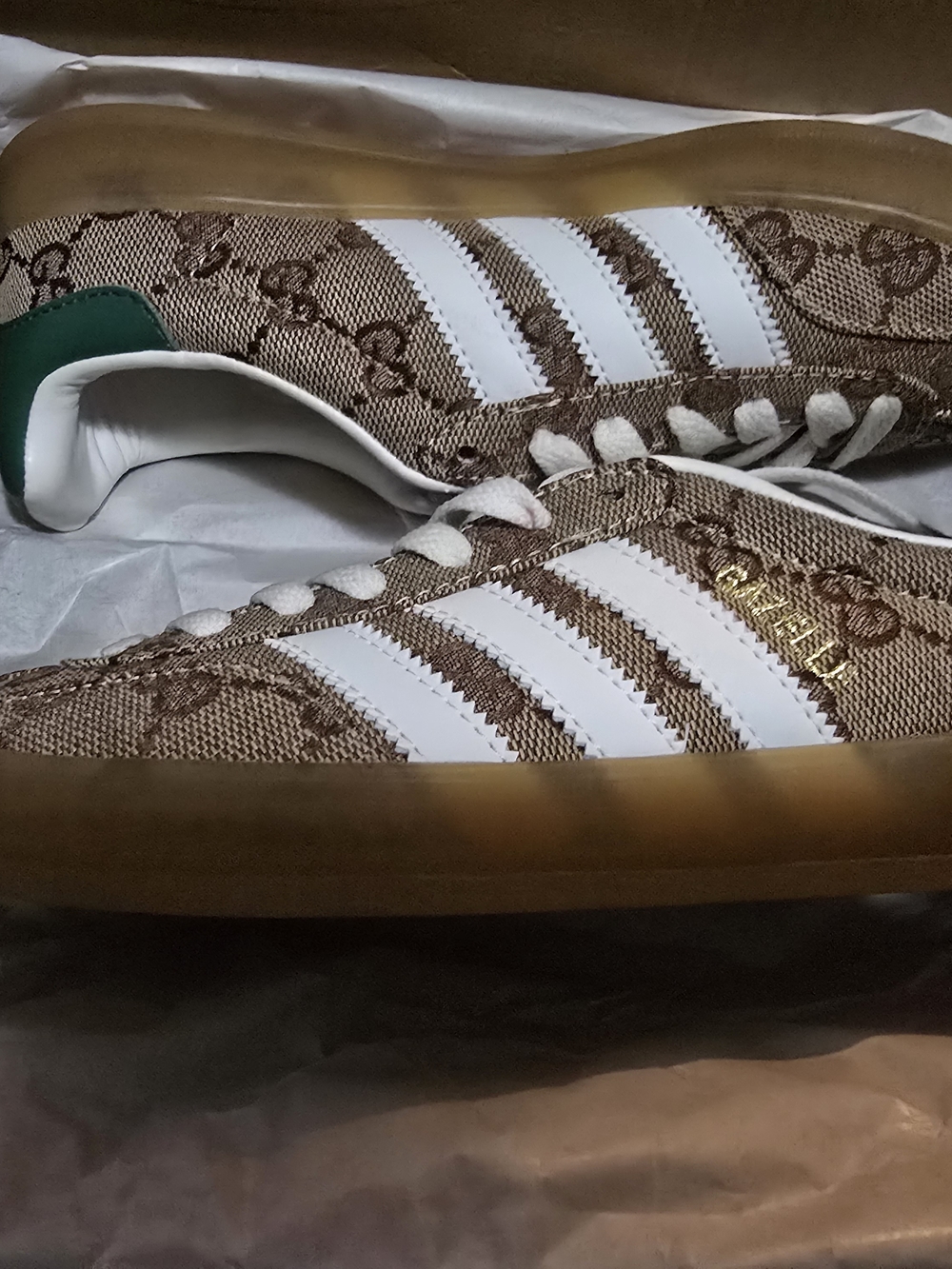 Gucci Brown Monogram Sneakers with White Stripes and Gum Sole